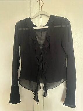 Garage Black Ruffle Sheer Tie-Front Blouse
